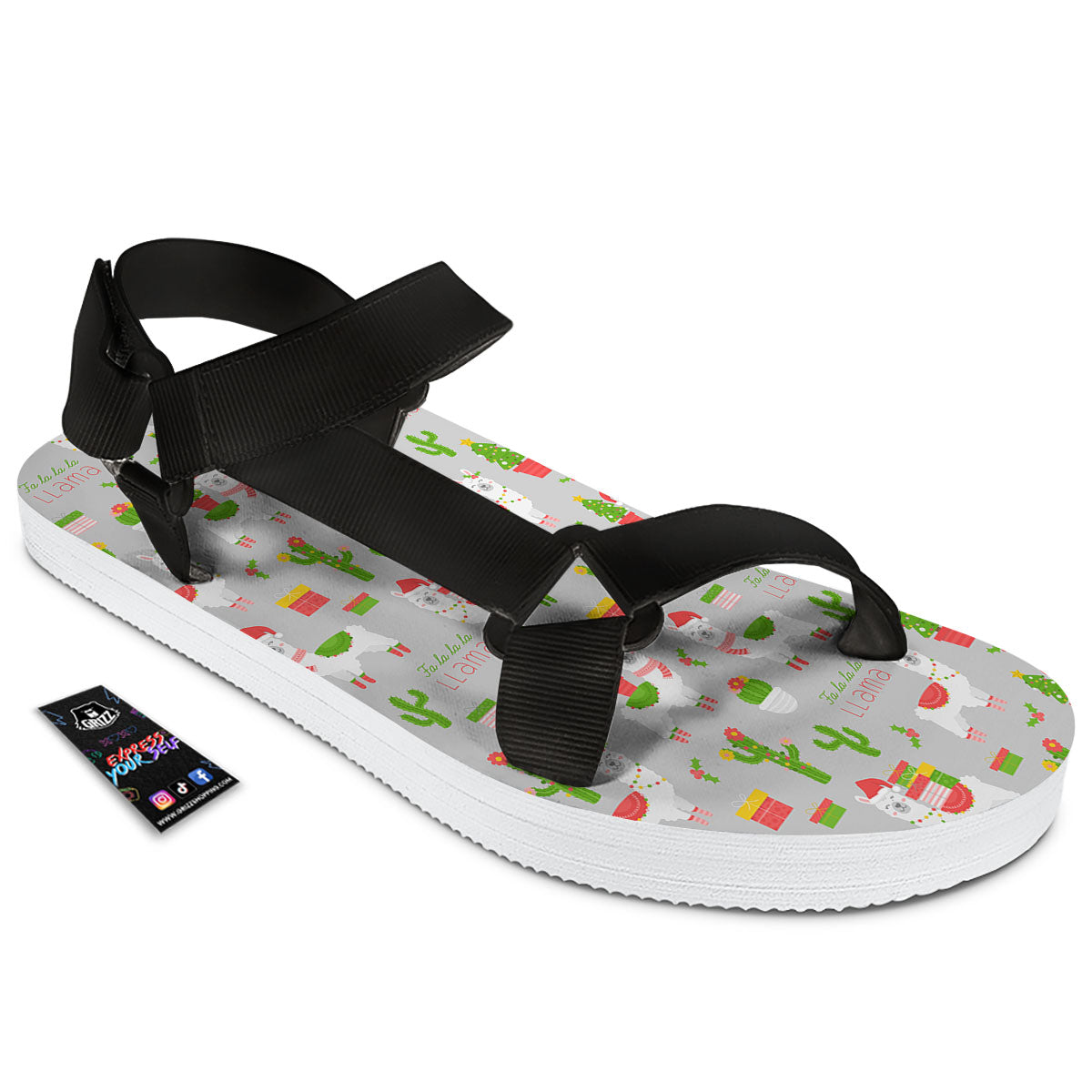 Llama Xmas Santa Claus Print Pattern Black Open Toe Sandals-grizzshop