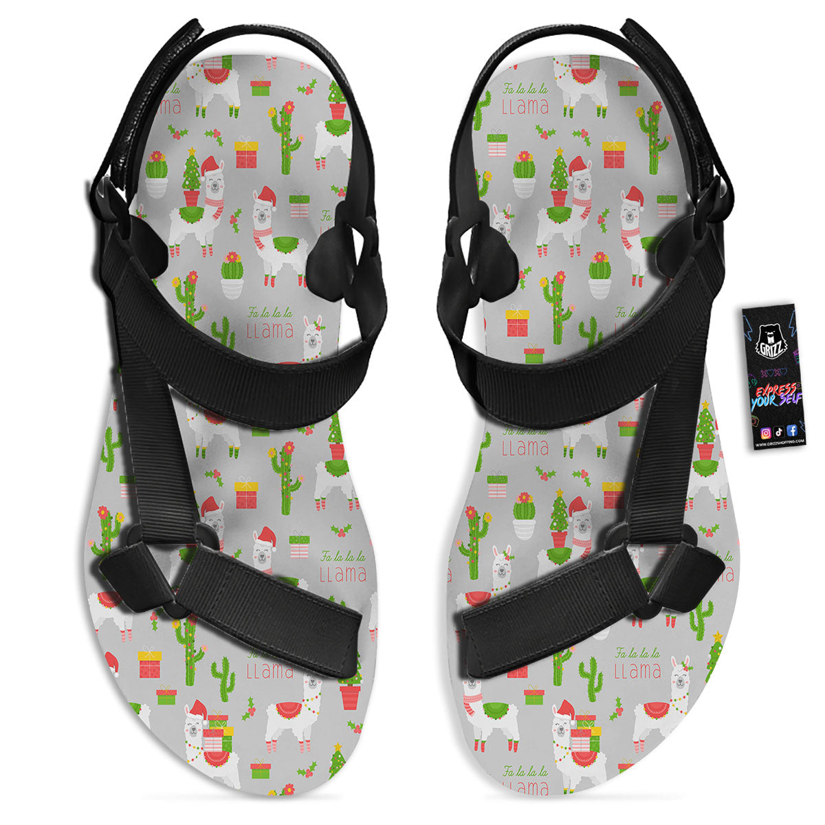Llama Xmas Santa Claus Print Pattern Black Open Toe Sandals-grizzshop