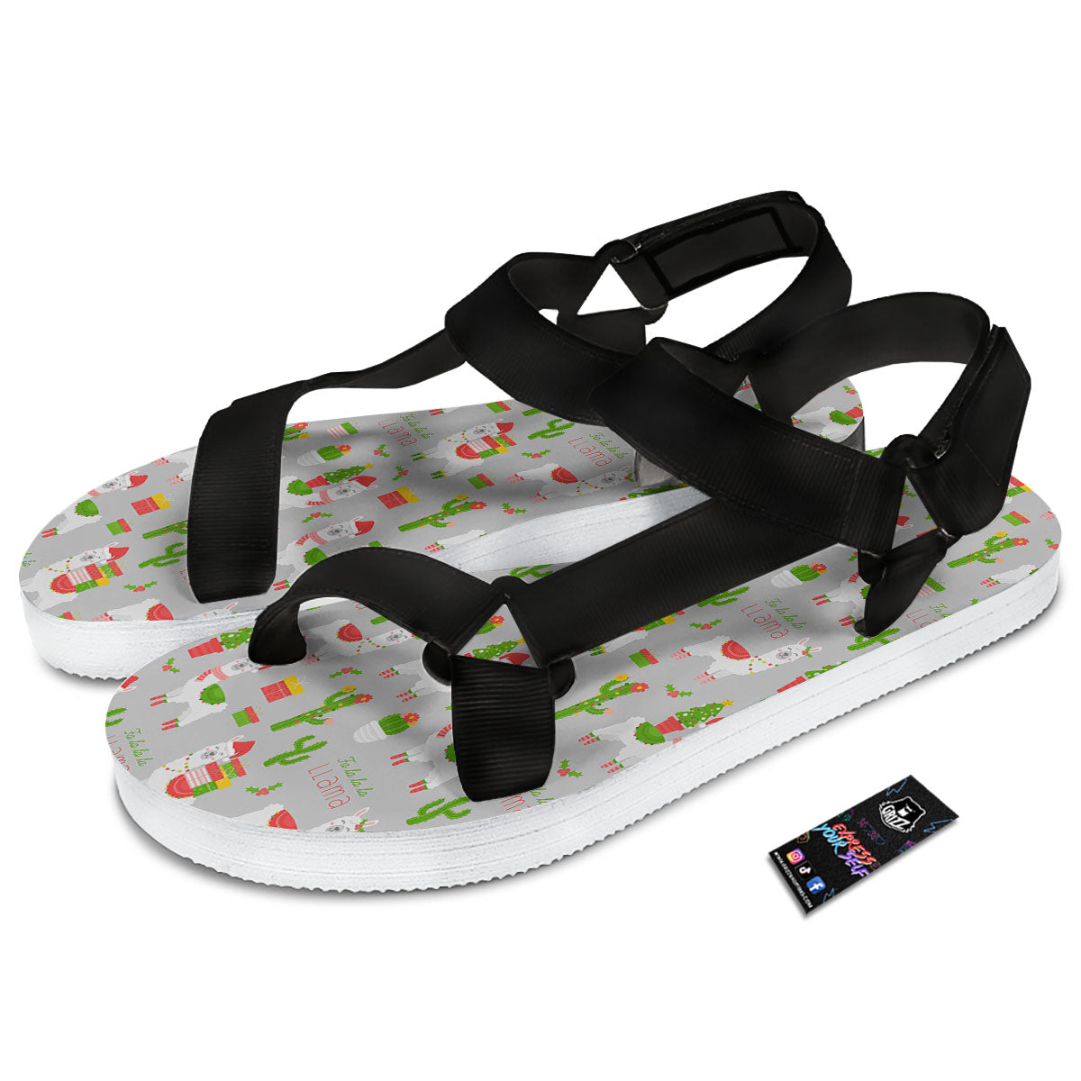 Llama Xmas Santa Claus Print Pattern Black Open Toe Sandals-grizzshop