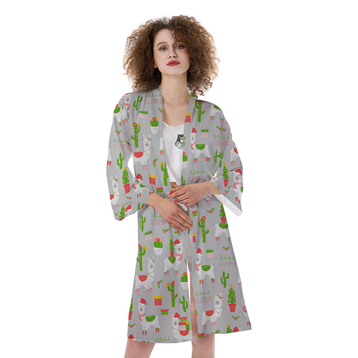 Llama Xmas Santa Claus Print Pattern Kimono-grizzshop
