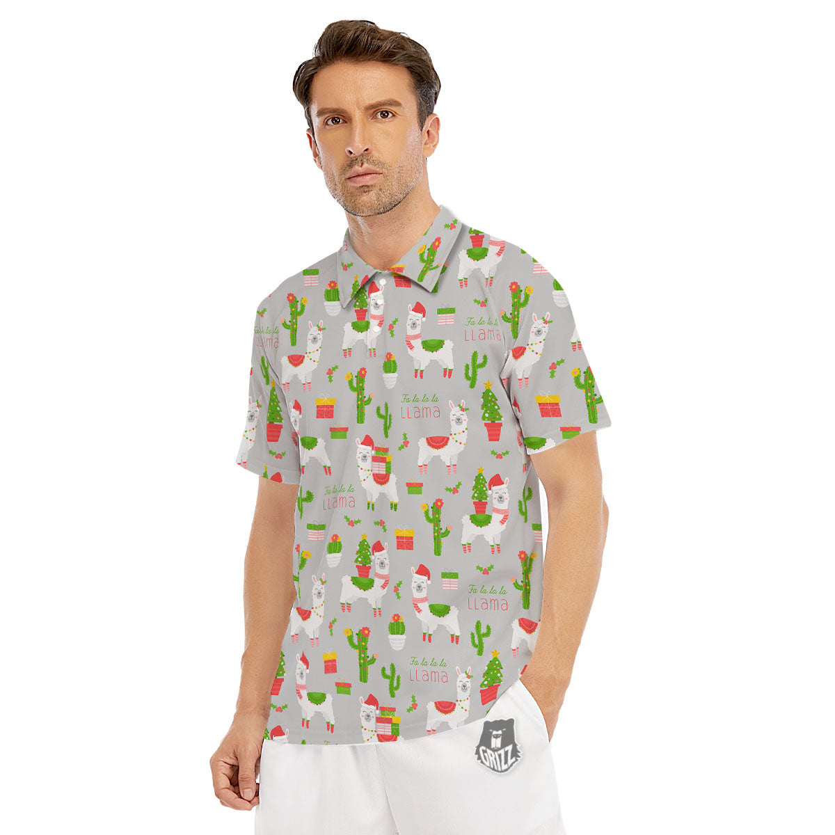 Llama Xmas Santa Claus Print Pattern Men's Golf Shirts-grizzshop