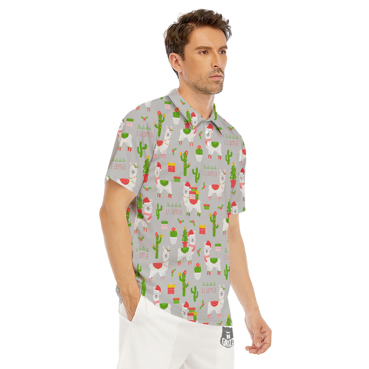 Llama Xmas Santa Claus Print Pattern Men's Golf Shirts-grizzshop