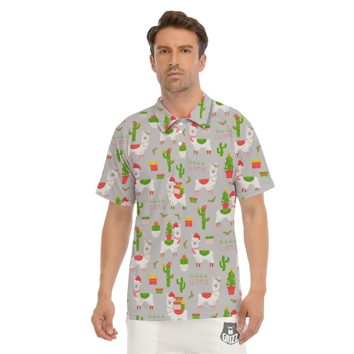 Llama Xmas Santa Claus Print Pattern Men's Golf Shirts-grizzshop