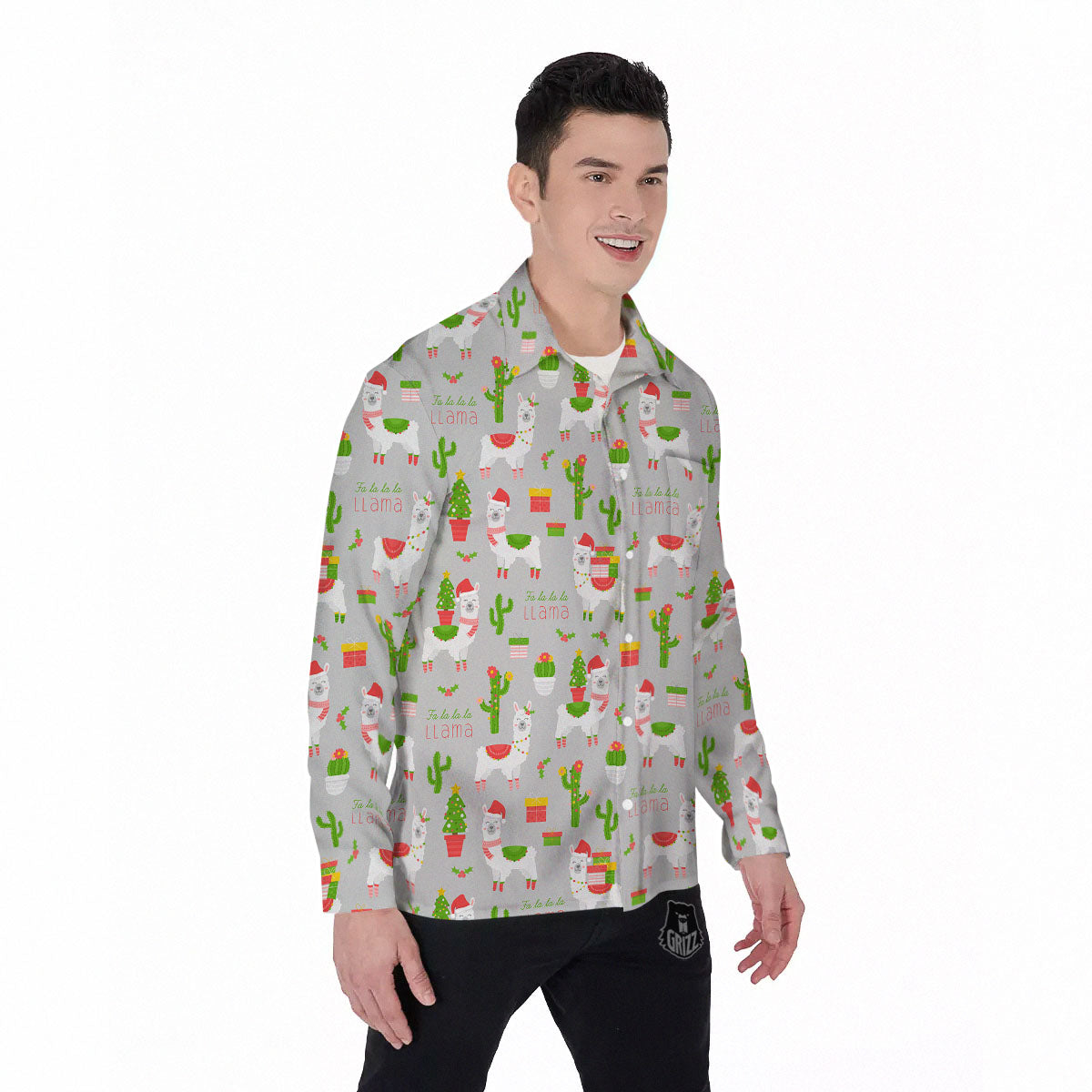 Llama Xmas Santa Claus Print Pattern Men's Long Sleeve Shirts-grizzshop
