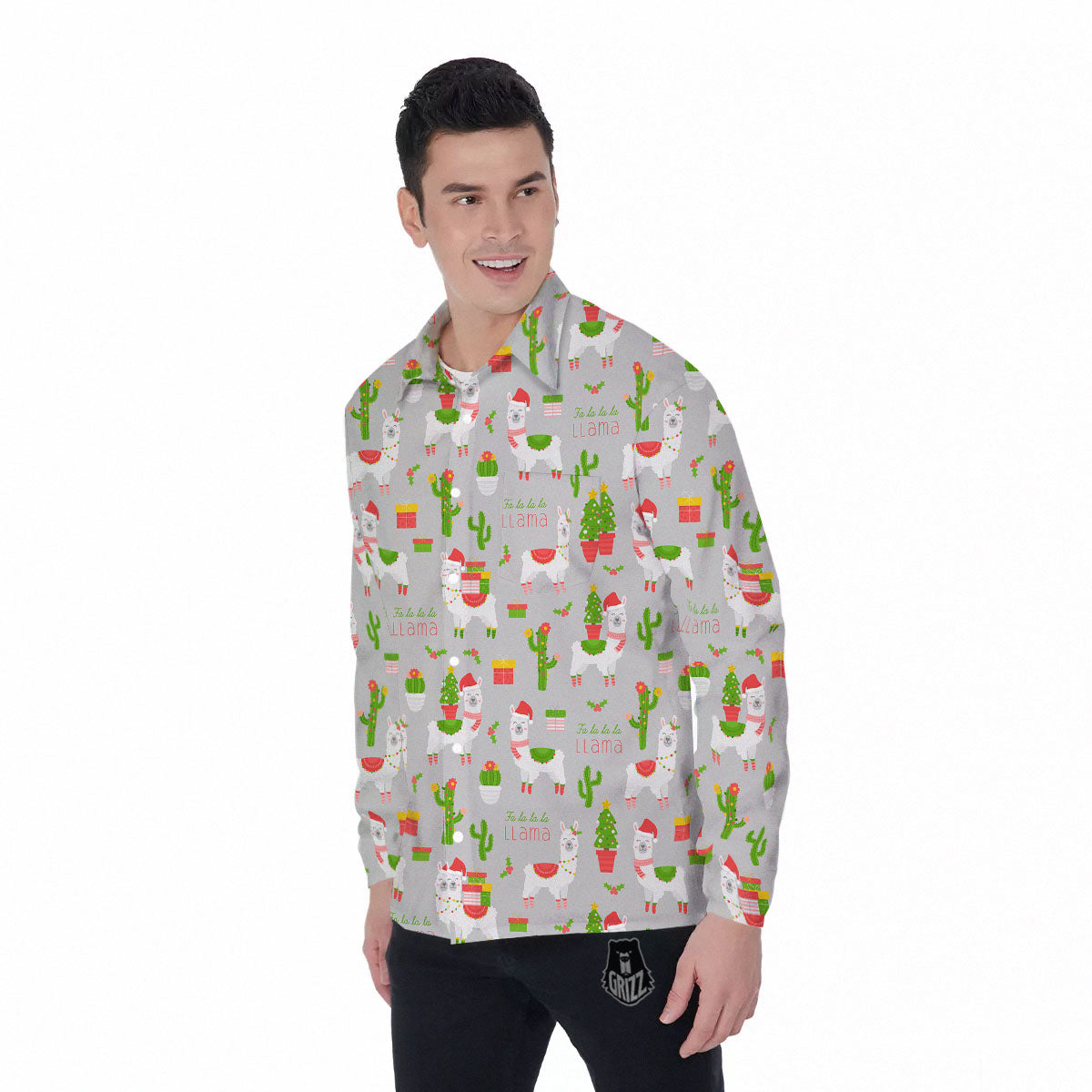 Llama Xmas Santa Claus Print Pattern Men's Long Sleeve Shirts-grizzshop