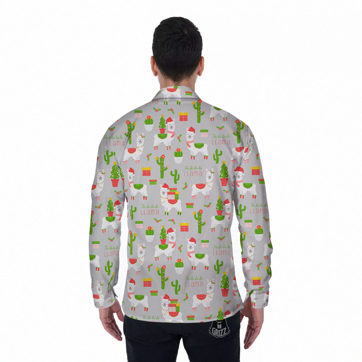 Llama Xmas Santa Claus Print Pattern Men's Long Sleeve Shirts-grizzshop