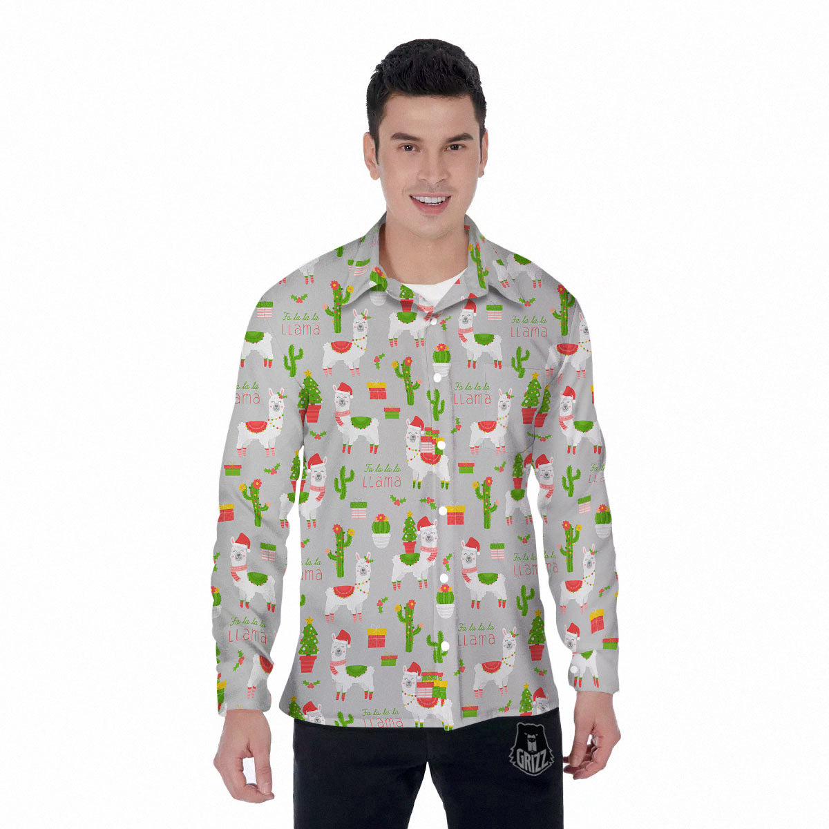 Llama Xmas Santa Claus Print Pattern Men's Long Sleeve Shirts-grizzshop