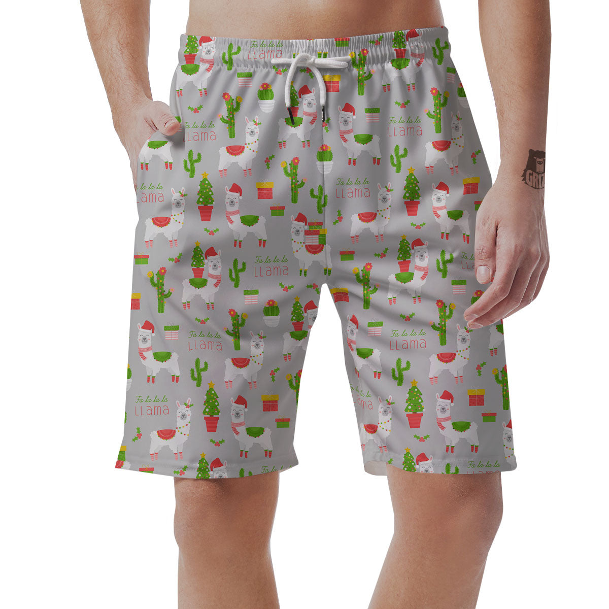 Llama Xmas Santa Claus Print Pattern Men's Shorts-grizzshop