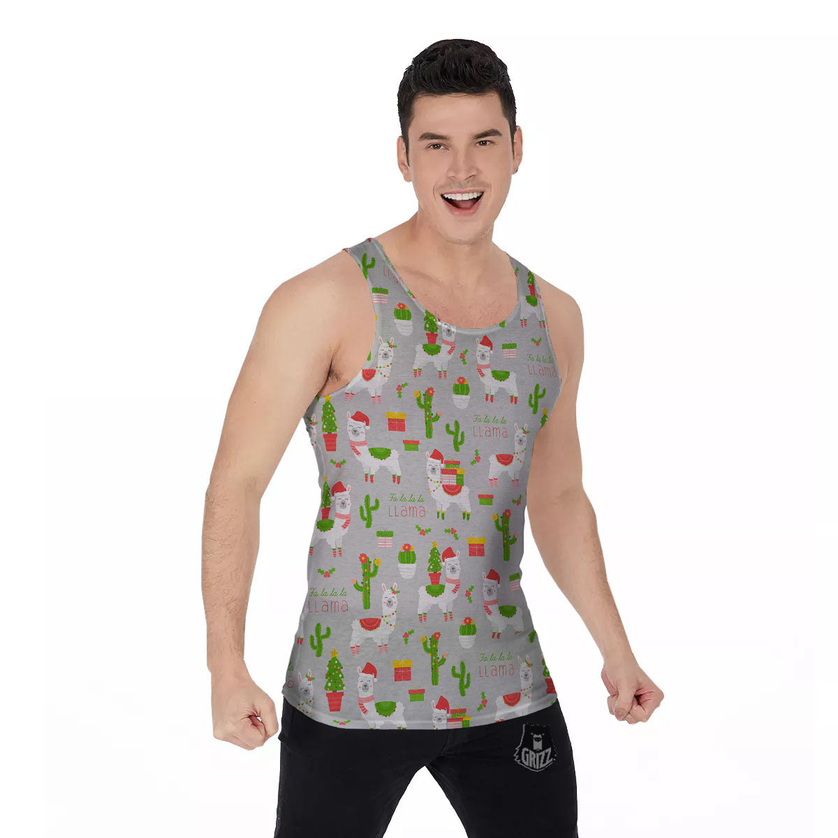 Llama Xmas Santa Claus Print Pattern Men's Tank Top-grizzshop