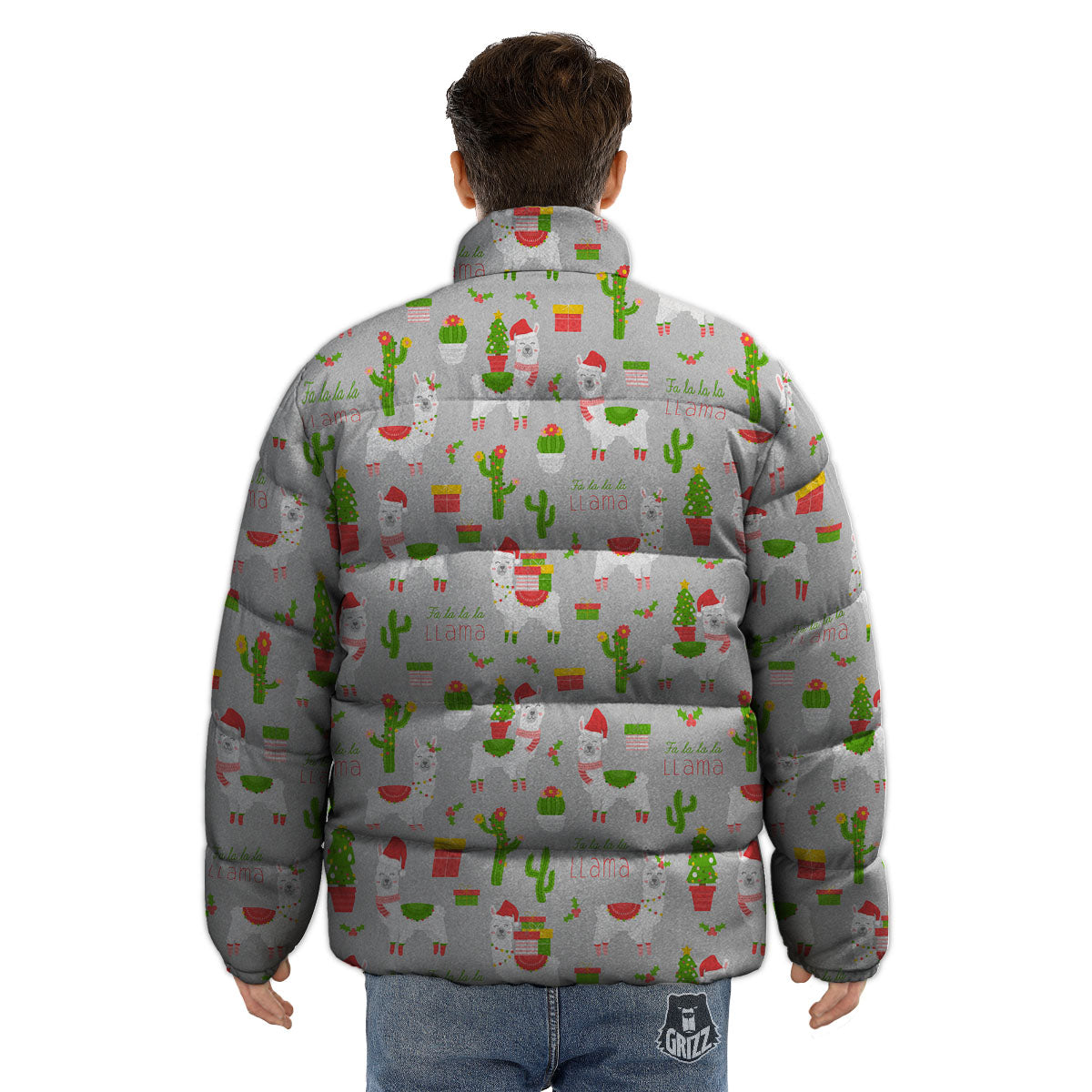 Llama Xmas Santa Claus Print Pattern Puffer Jacket-grizzshop