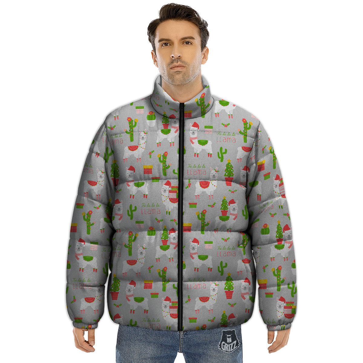 Llama Xmas Santa Claus Print Pattern Puffer Jacket-grizzshop
