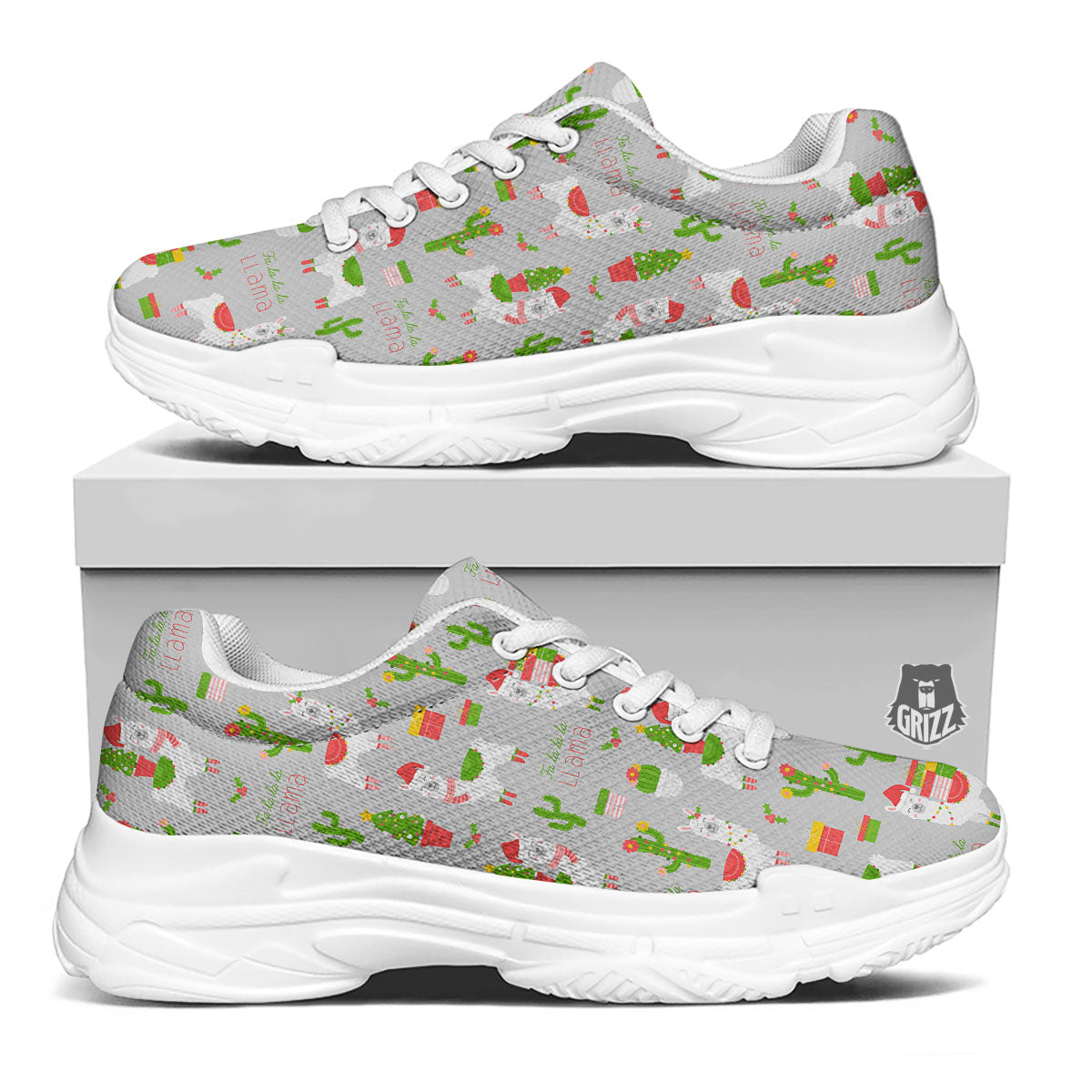 Llama Xmas Santa Claus Print Pattern White Chunky Shoes-grizzshop