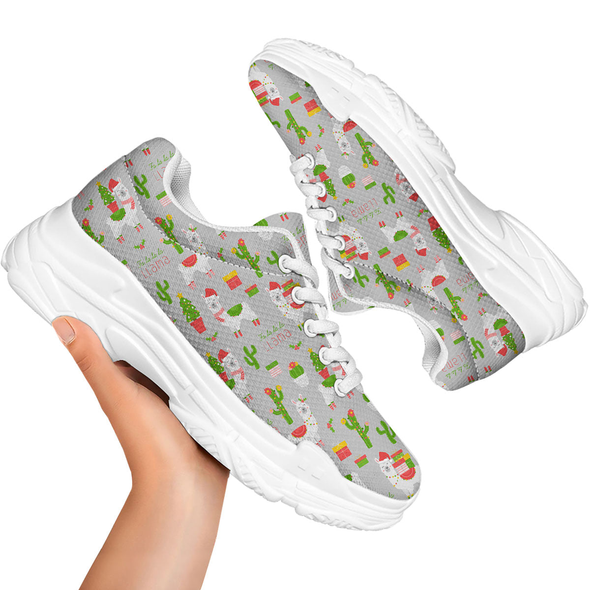 Llama Xmas Santa Claus Print Pattern White Chunky Shoes-grizzshop