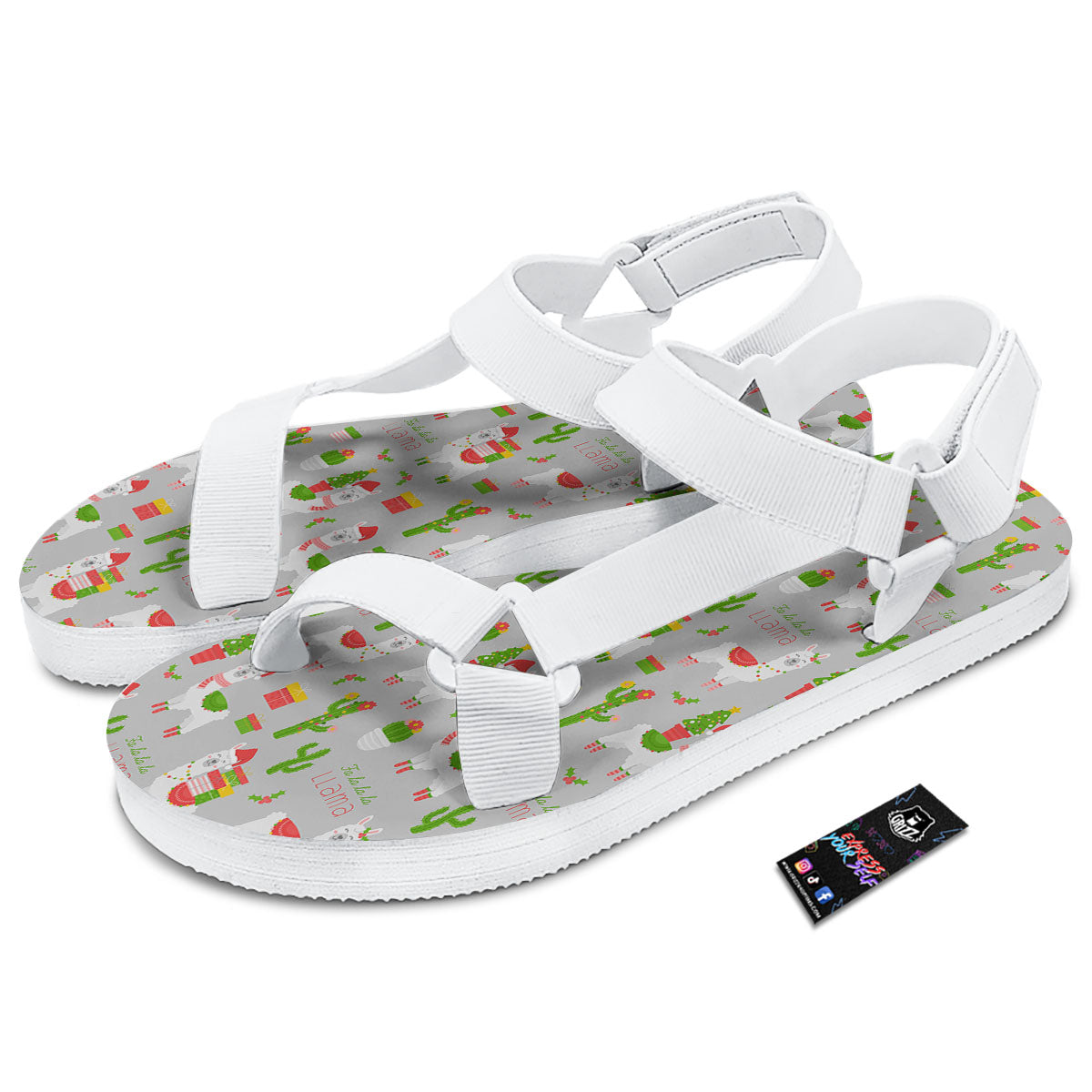 Llama Xmas Santa Claus Print Pattern White Open Toe Sandals-grizzshop