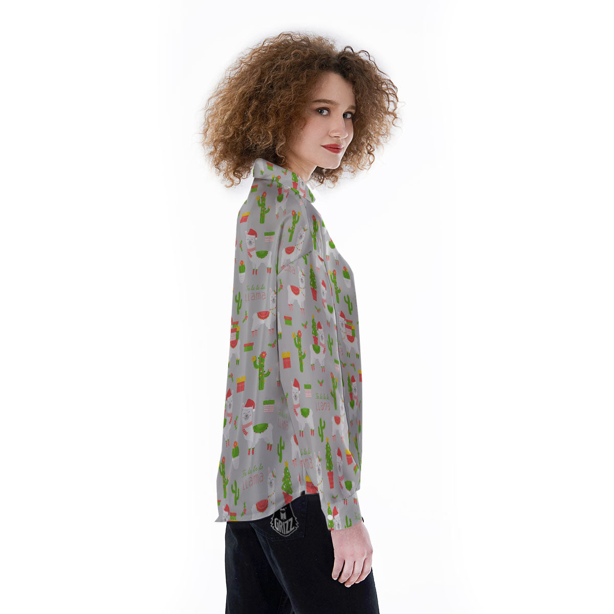 Llama Xmas Santa Claus Print Pattern Women's Long Sleeve Shirts-grizzshop