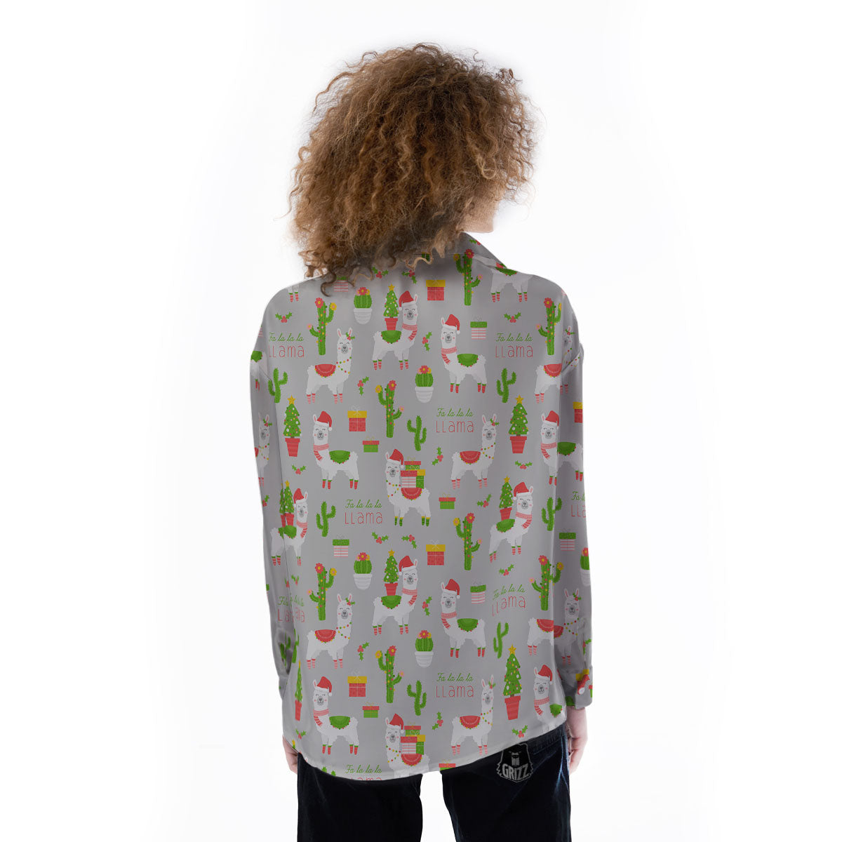 Llama Xmas Santa Claus Print Pattern Women's Long Sleeve Shirts-grizzshop