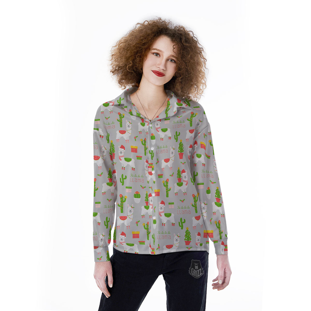 Llama Xmas Santa Claus Print Pattern Women's Long Sleeve Shirts-grizzshop