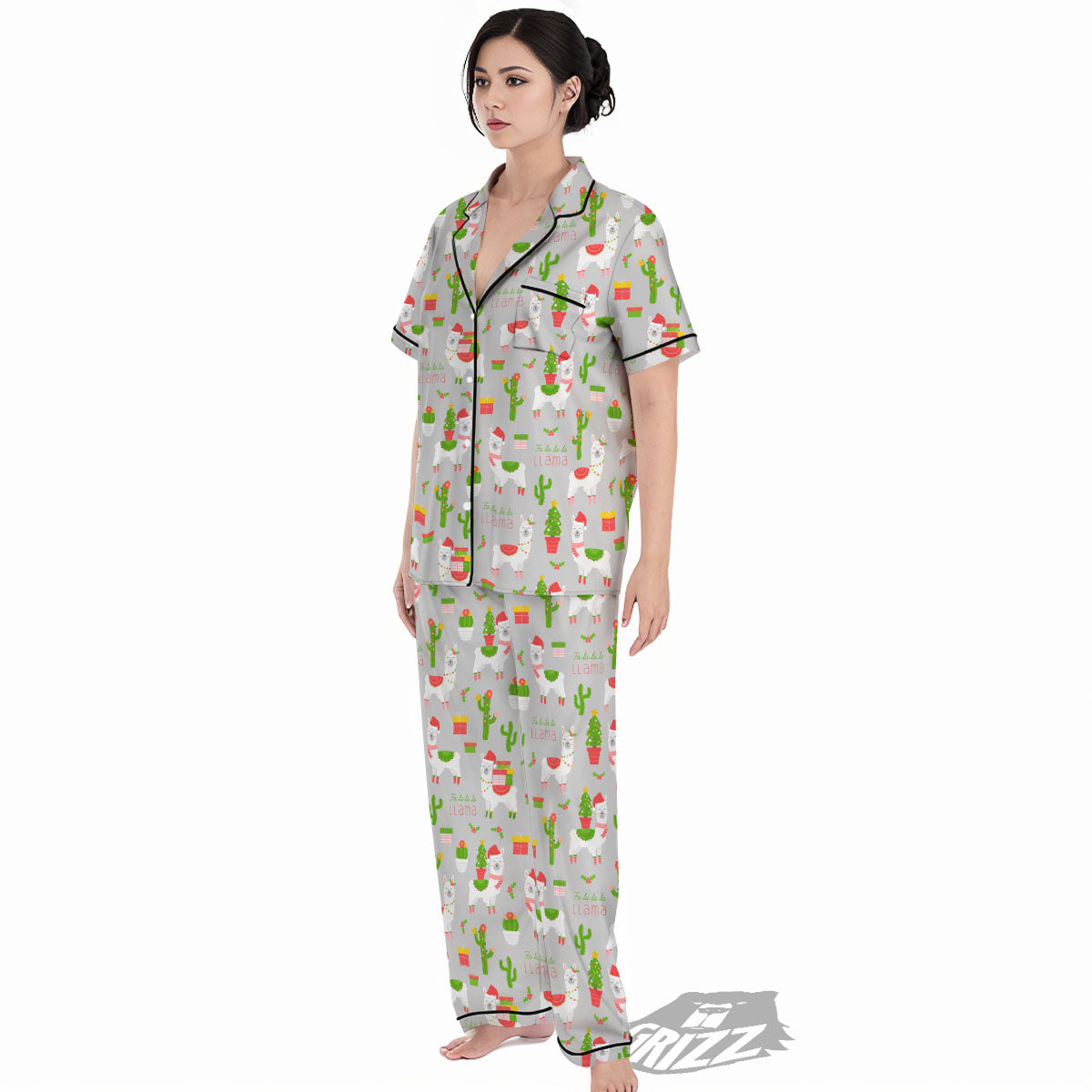 Llama Xmas Santa Claus Print Pattern Women's Pajamas Set-grizzshop