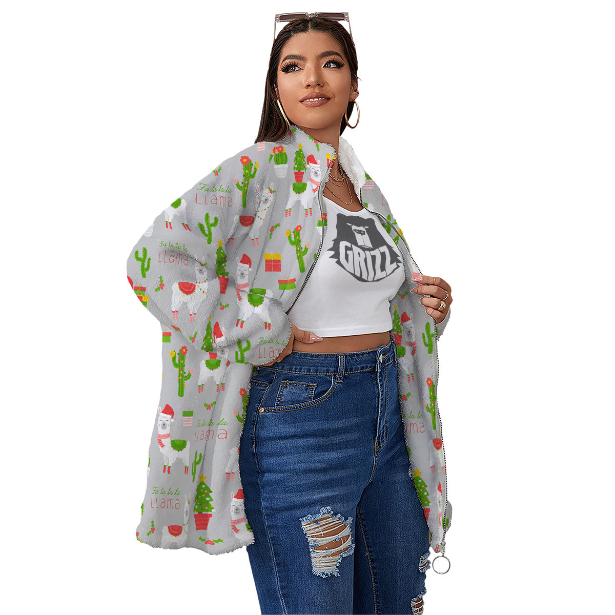 Llama Xmas Santa Claus Print Pattern Women's Sherpa Jacket-grizzshop