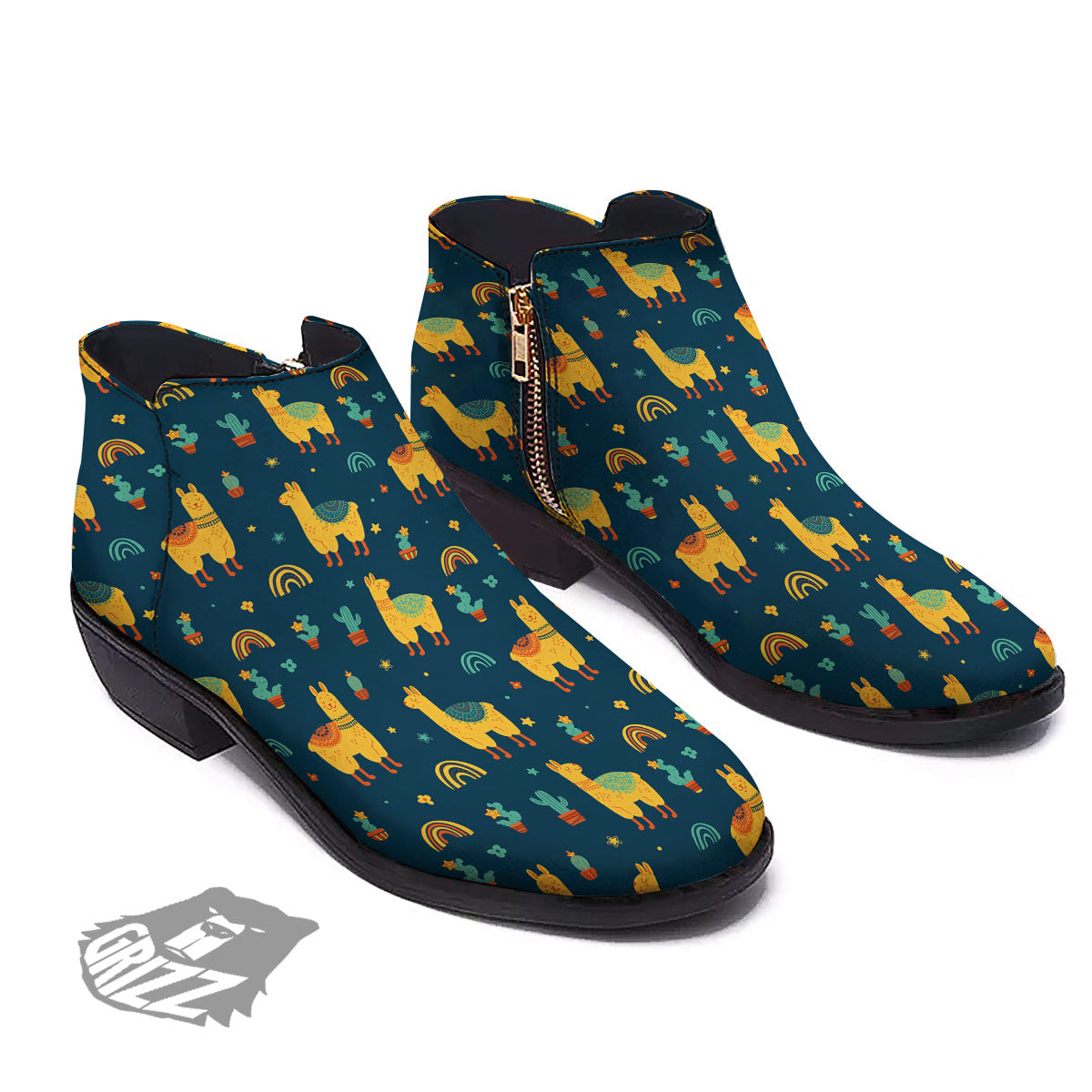 Llama Yellow Print Pattern Ankle Boots-grizzshop