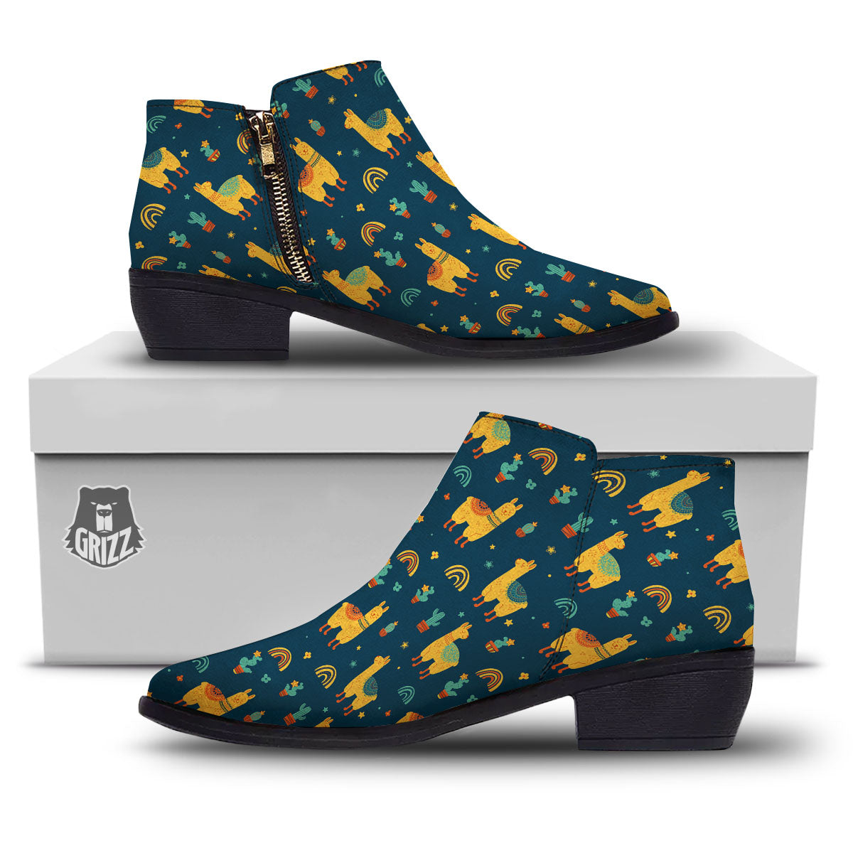Llama Yellow Print Pattern Ankle Boots-grizzshop