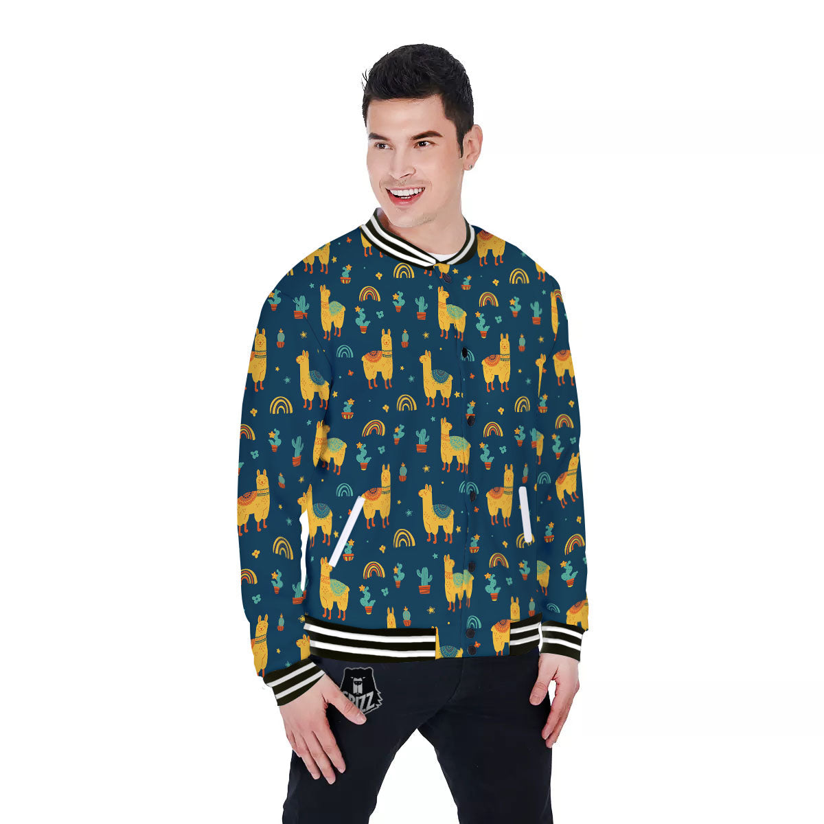 Llama Yellow Print Pattern Baseball Jacket-grizzshop