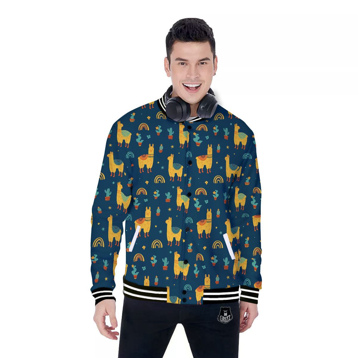 Llama Yellow Print Pattern Baseball Jacket-grizzshop