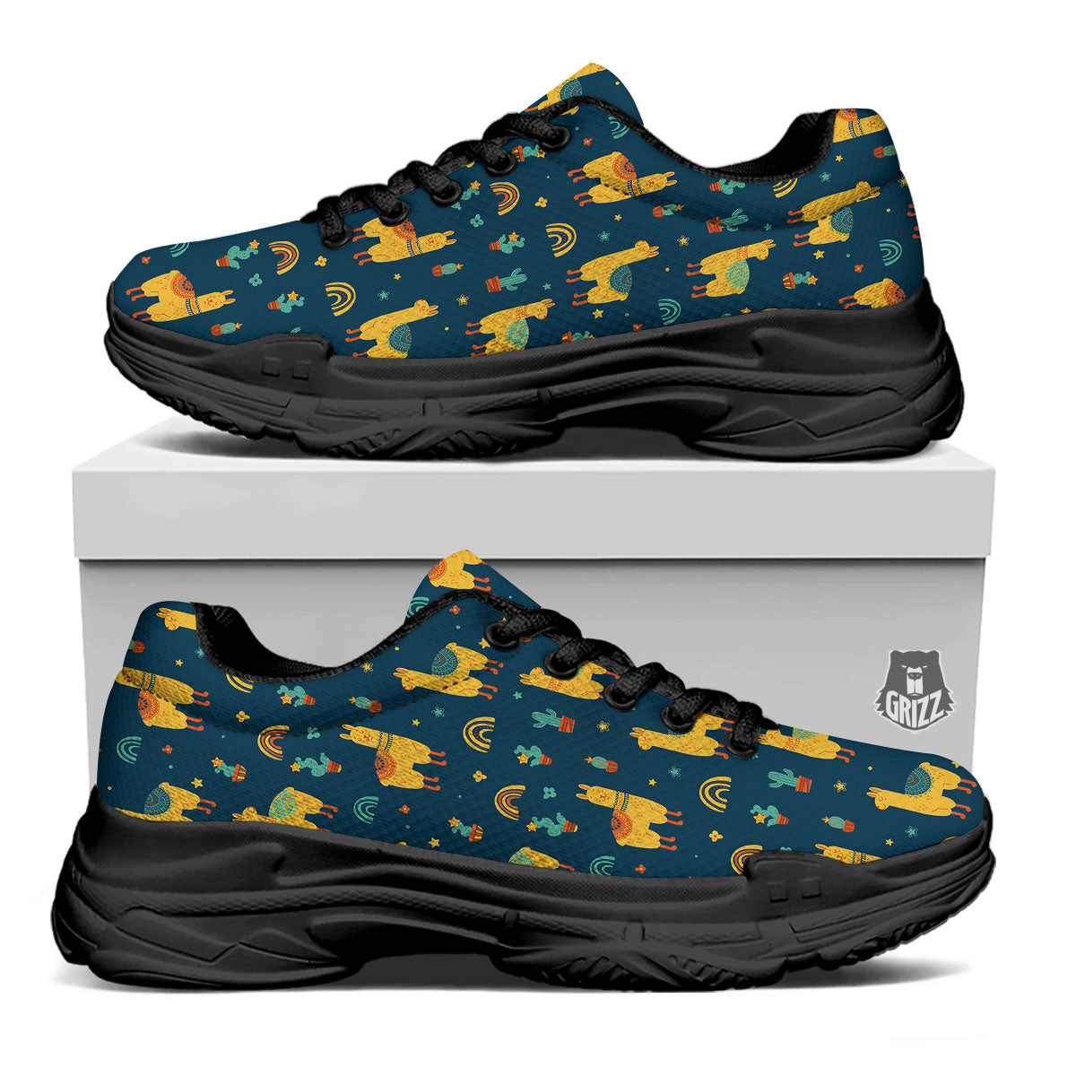 Llama Yellow Print Pattern Black Chunky Shoes-grizzshop