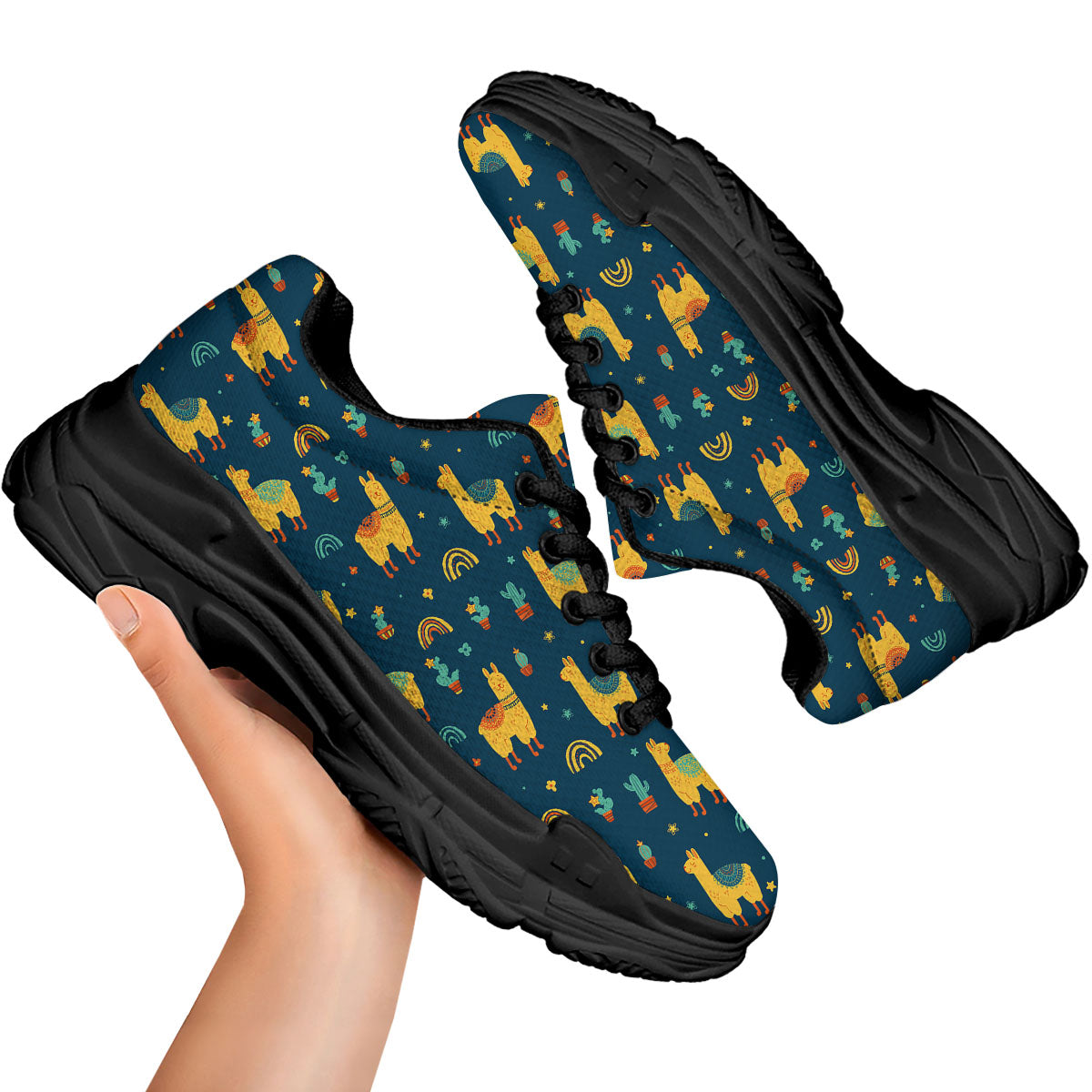 Llama Yellow Print Pattern Black Chunky Shoes-grizzshop