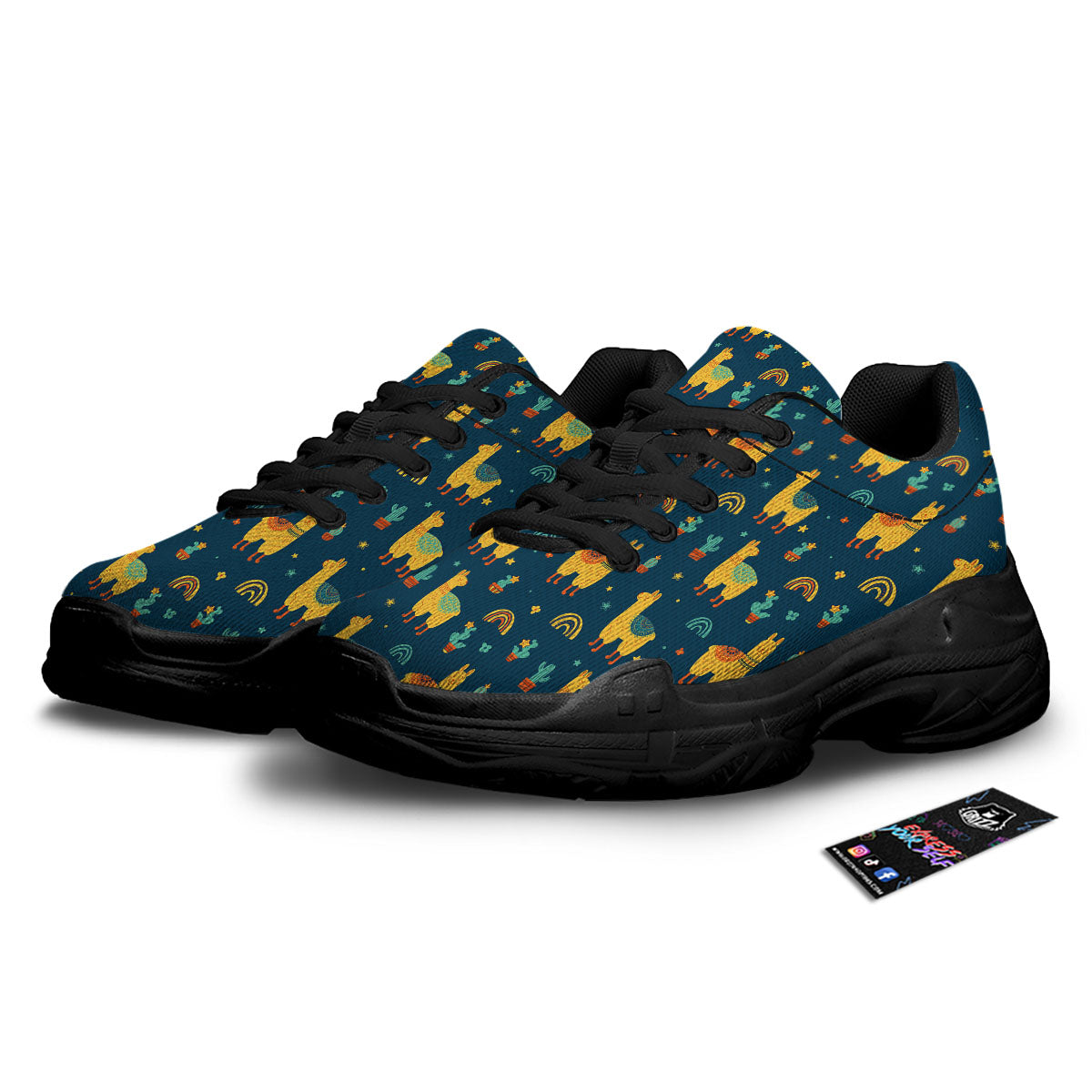 Llama Yellow Print Pattern Black Chunky Shoes-grizzshop