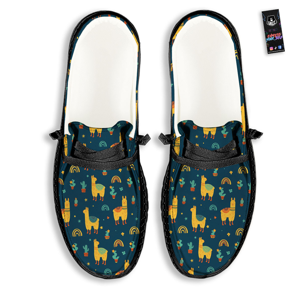 Llama Yellow Print Pattern Black Loafers-grizzshop