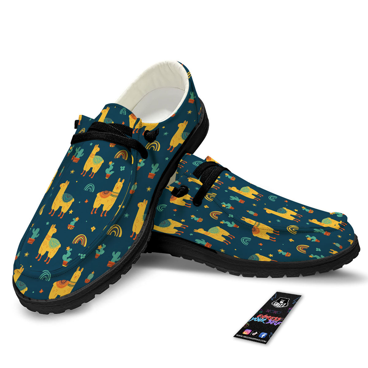 Llama Yellow Print Pattern Black Loafers-grizzshop