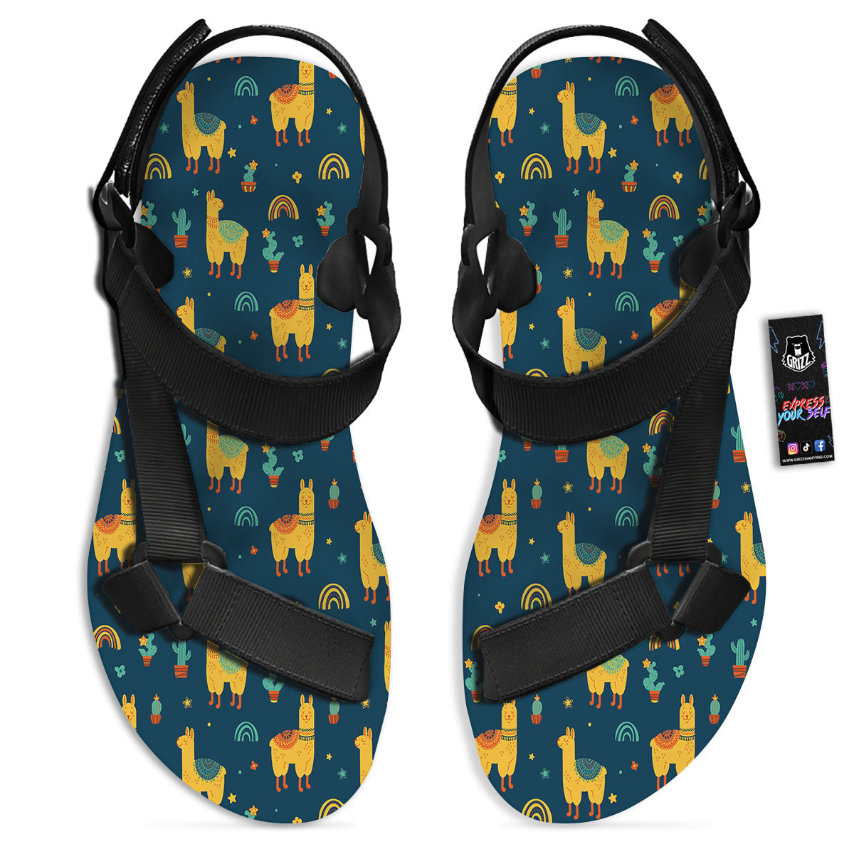 Llama Yellow Print Pattern Black Open Toe Sandals-grizzshop