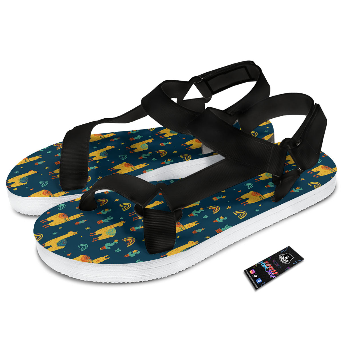 Llama Yellow Print Pattern Black Open Toe Sandals-grizzshop