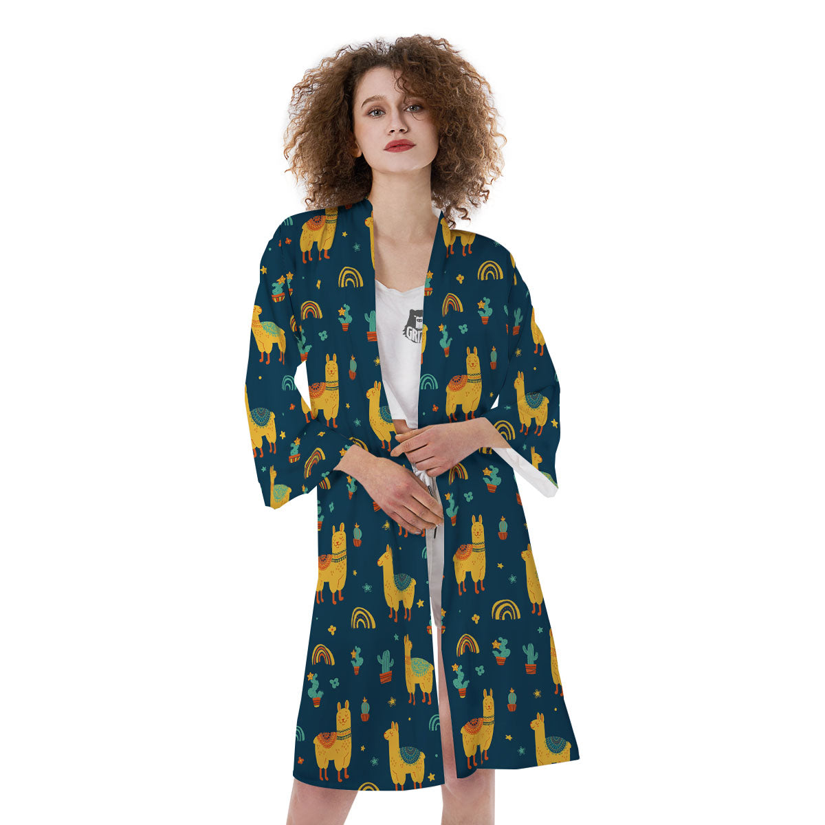Llama Yellow Print Pattern Kimono-grizzshop