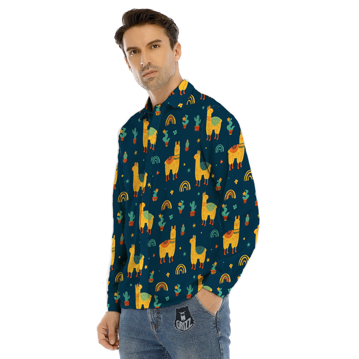 Llama Yellow Print Pattern Men's Dress Shirts-grizzshop