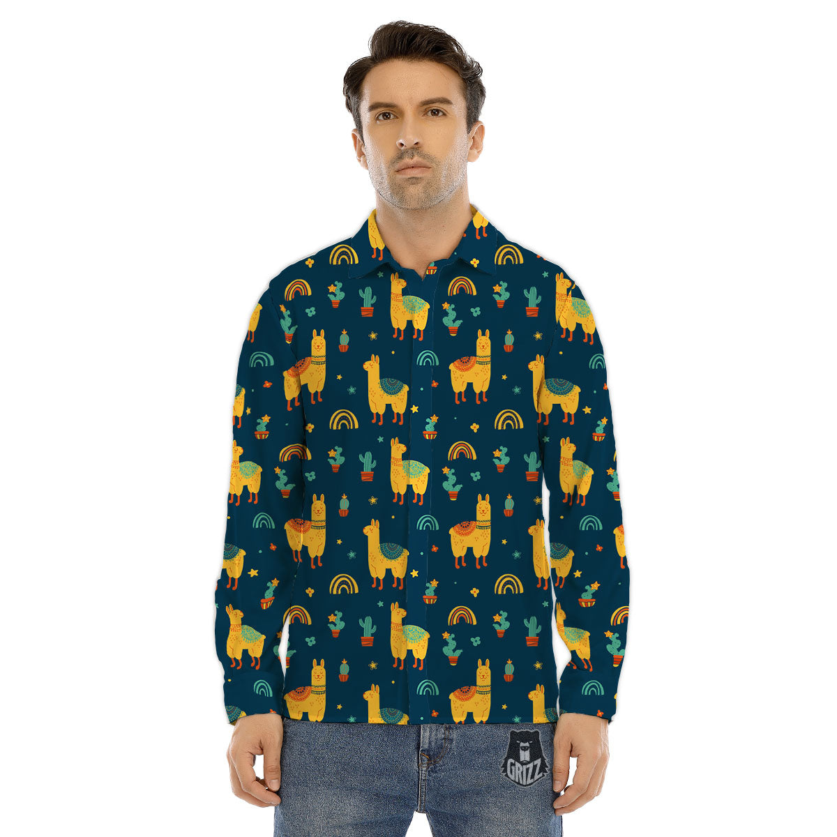 Llama Yellow Print Pattern Men's Dress Shirts-grizzshop