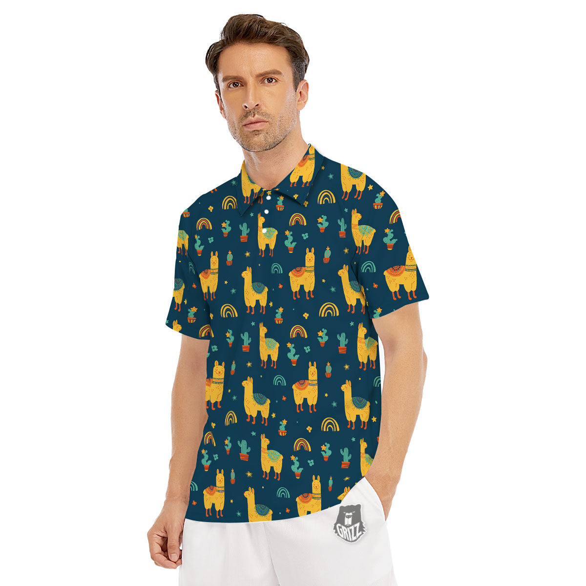 Llama Yellow Print Pattern Men's Golf Shirts-grizzshop