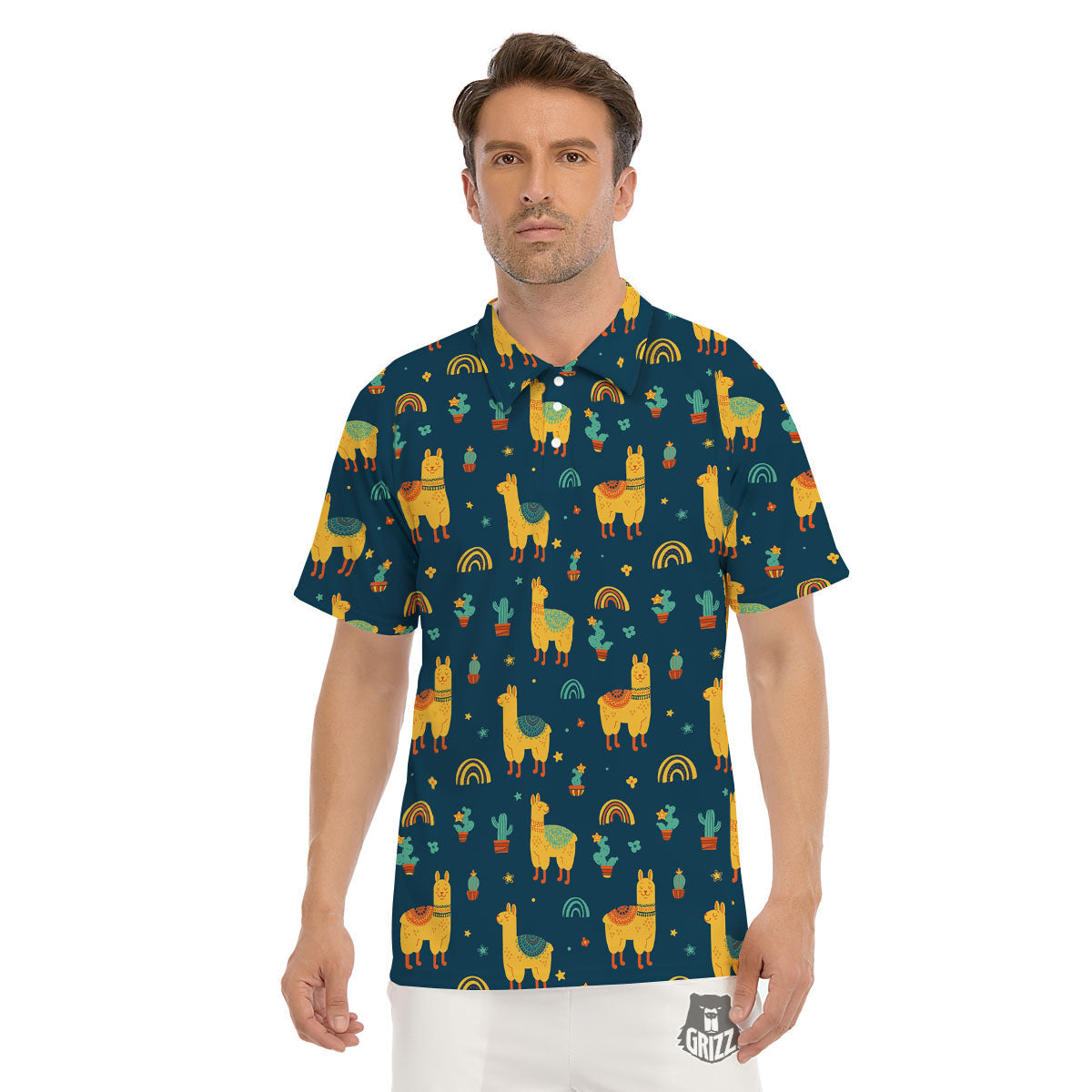 Llama Yellow Print Pattern Men's Golf Shirts-grizzshop