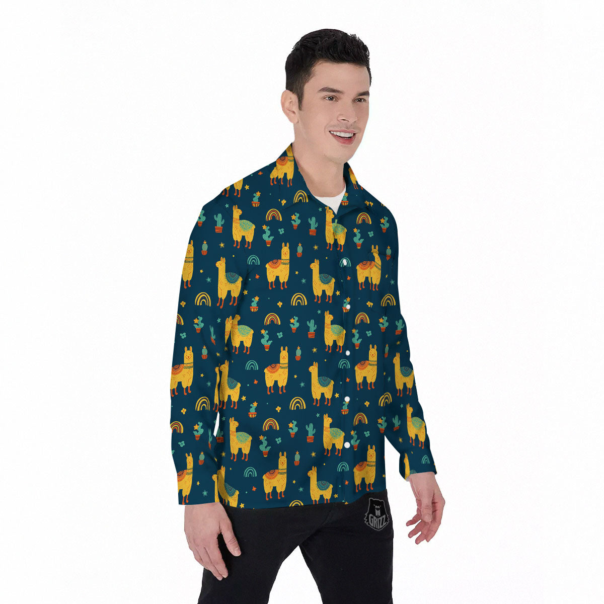 Llama Yellow Print Pattern Men's Long Sleeve Shirts-grizzshop