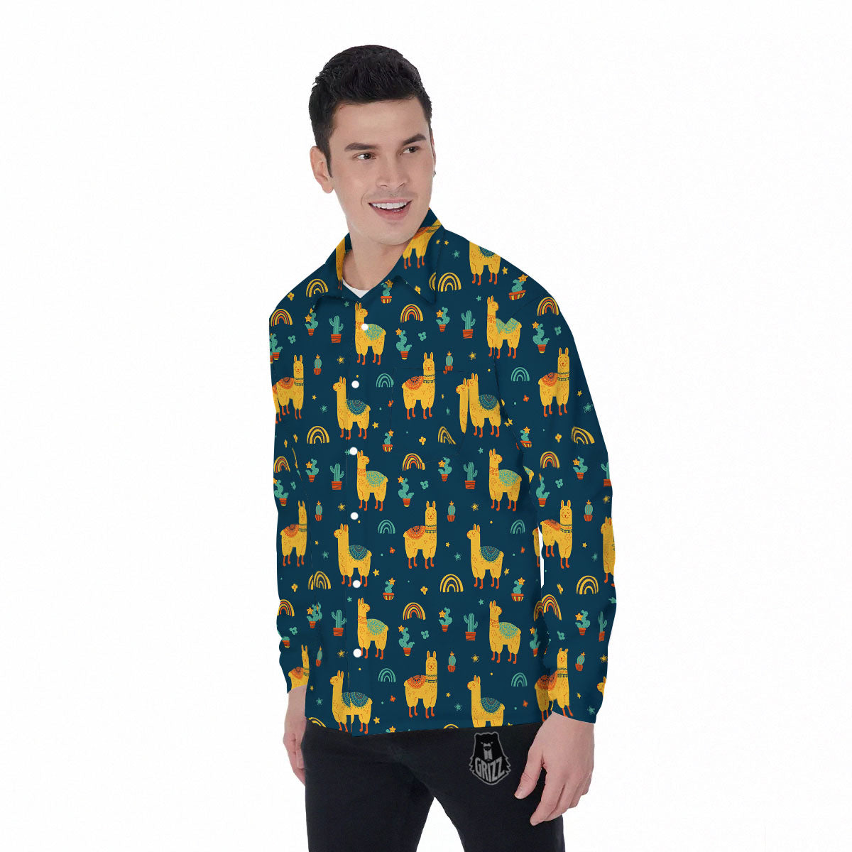 Llama Yellow Print Pattern Men's Long Sleeve Shirts-grizzshop