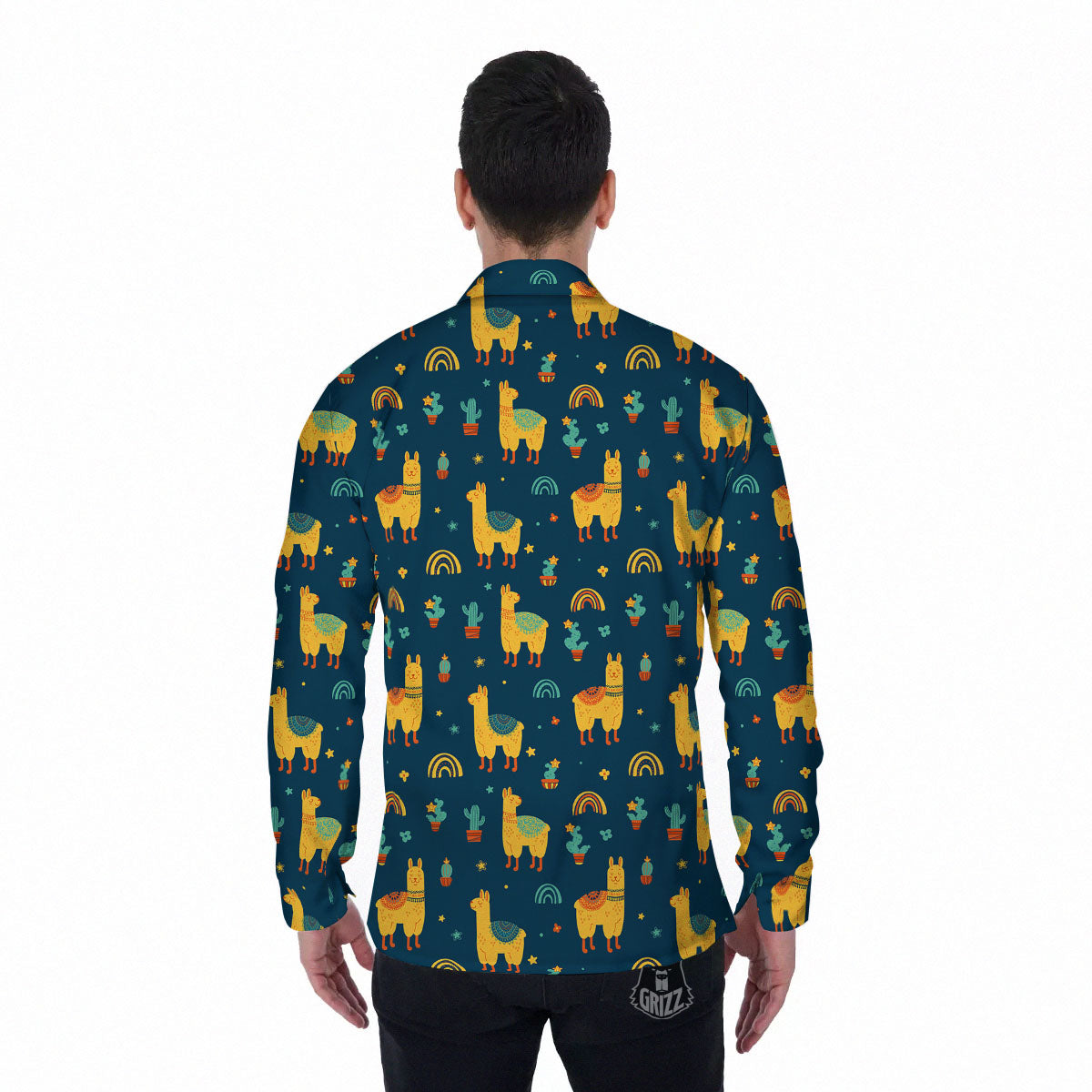 Llama Yellow Print Pattern Men's Long Sleeve Shirts-grizzshop