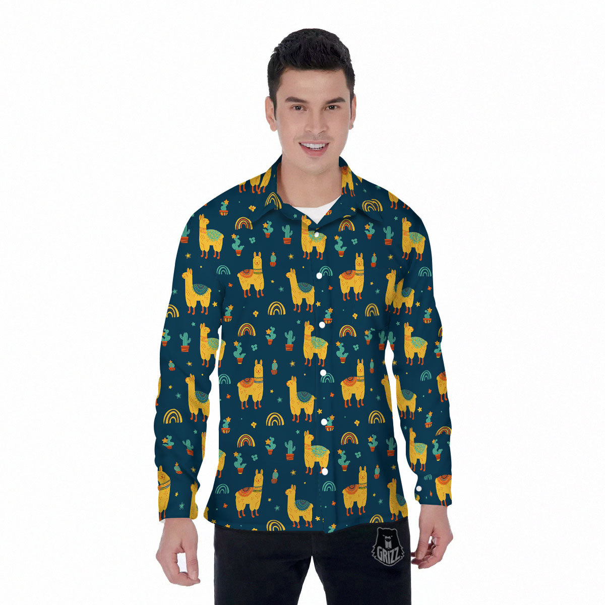 Llama Yellow Print Pattern Men's Long Sleeve Shirts-grizzshop