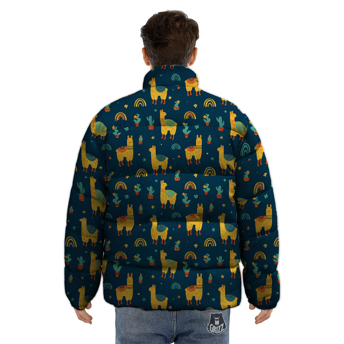 Llama Yellow Print Pattern Puffer Jacket-grizzshop