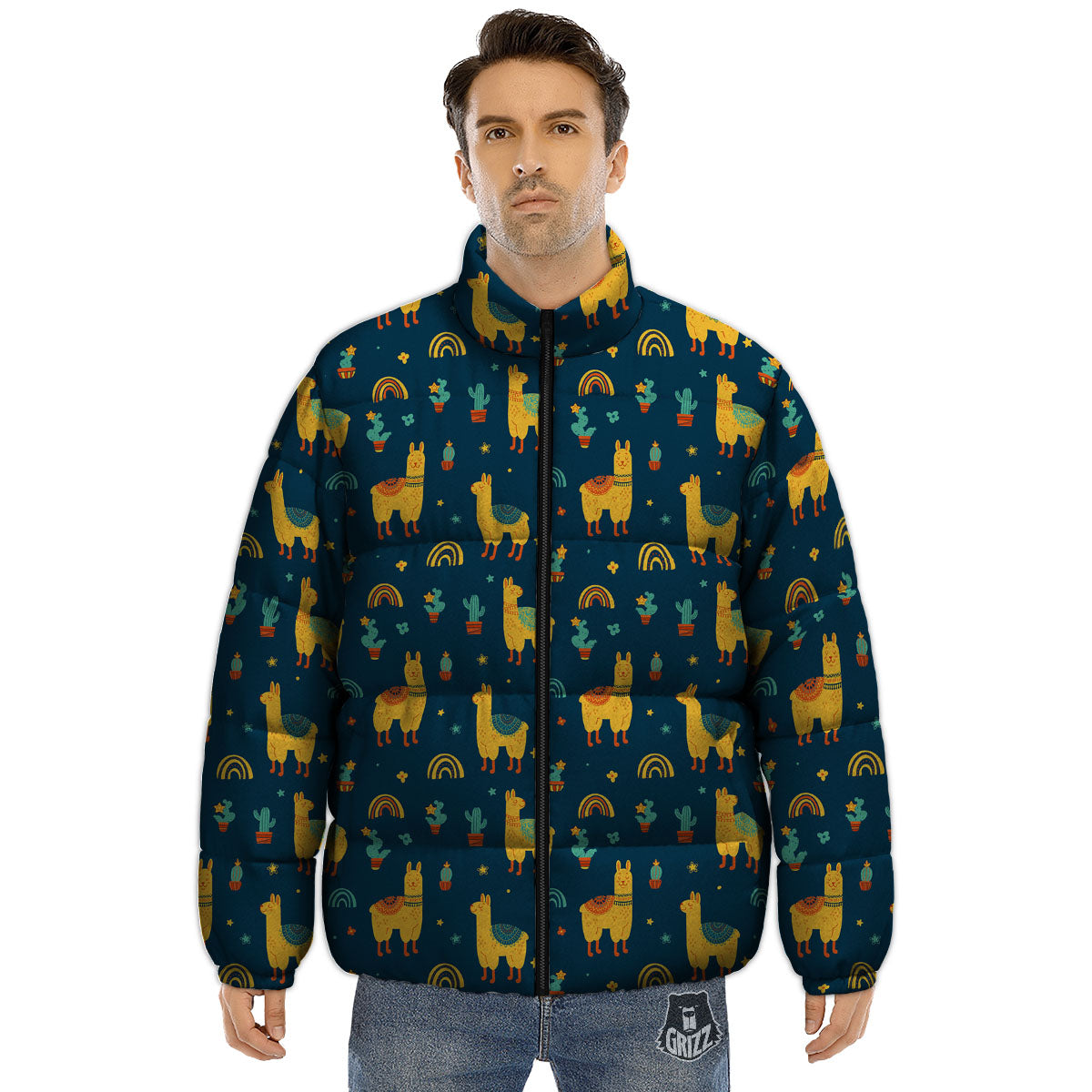 Llama Yellow Print Pattern Puffer Jacket-grizzshop