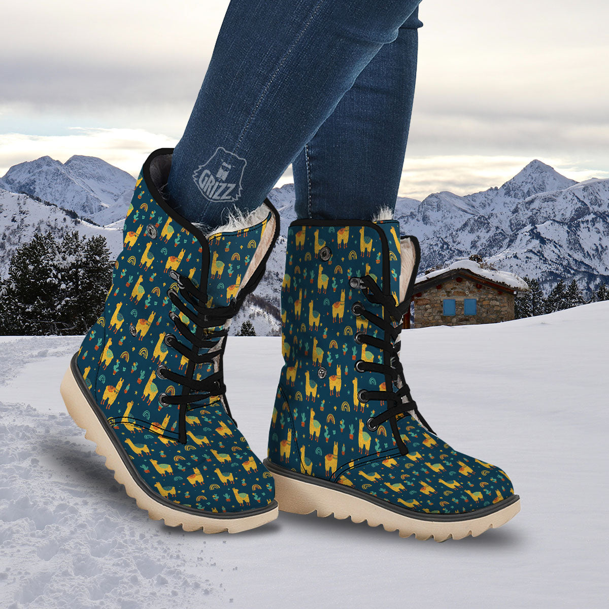 Llama Yellow Print Pattern Snow Boots-grizzshop