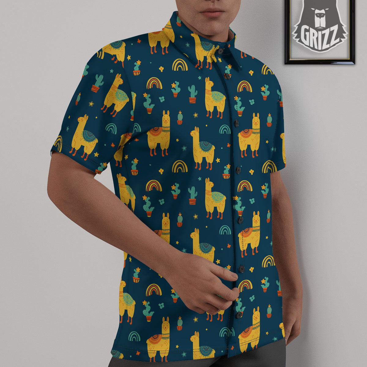 Llama Yellow Print Pattern Untucked Shirts-grizzshop