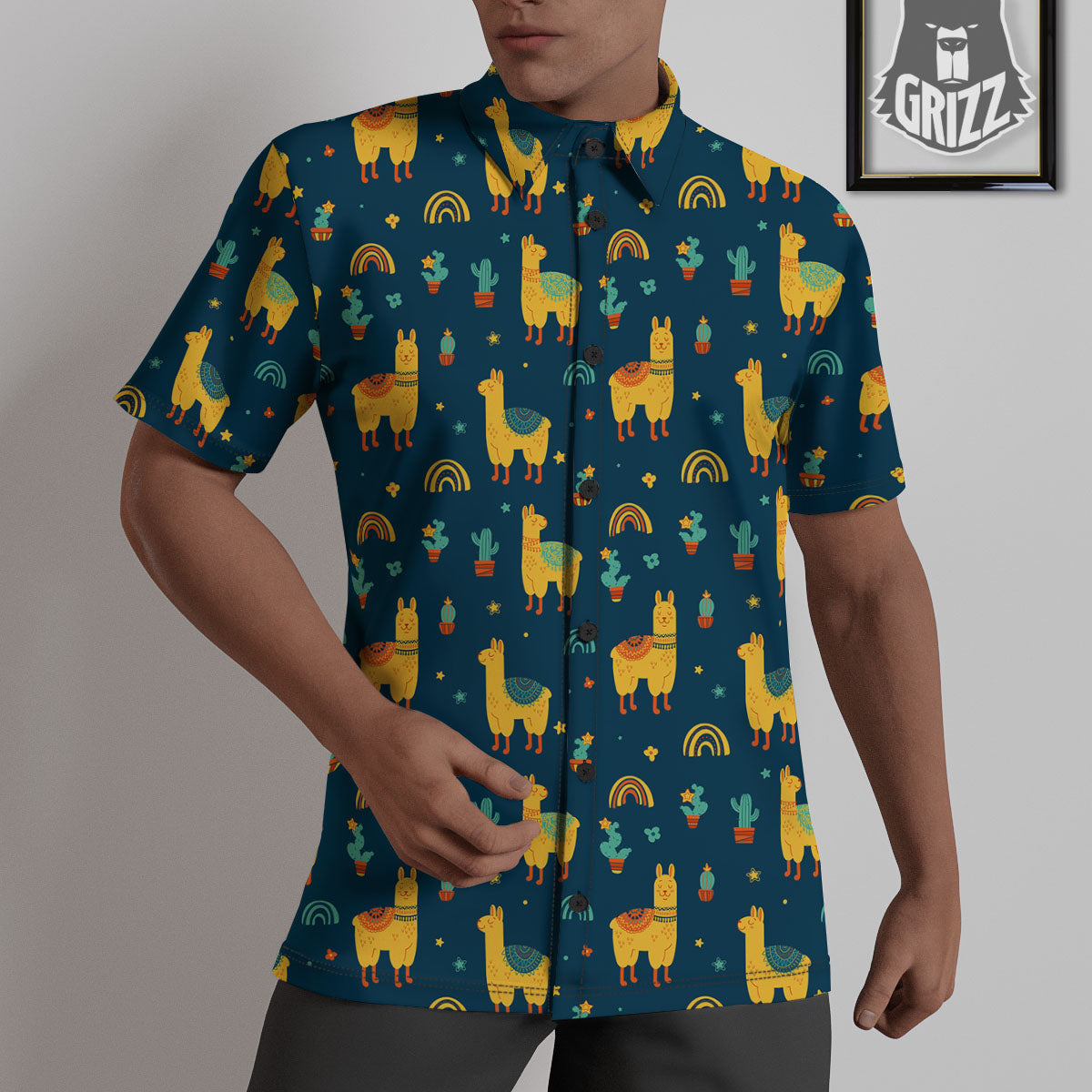 Llama Yellow Print Pattern Untucked Shirts-grizzshop