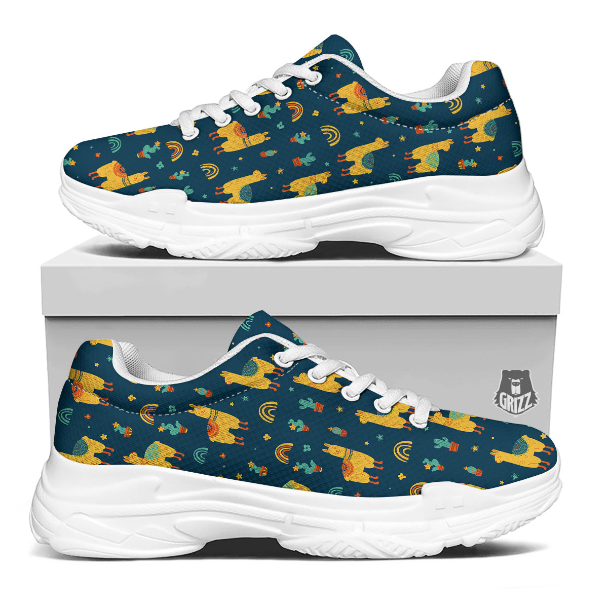 Llama Yellow Print Pattern White Chunky Shoes-grizzshop