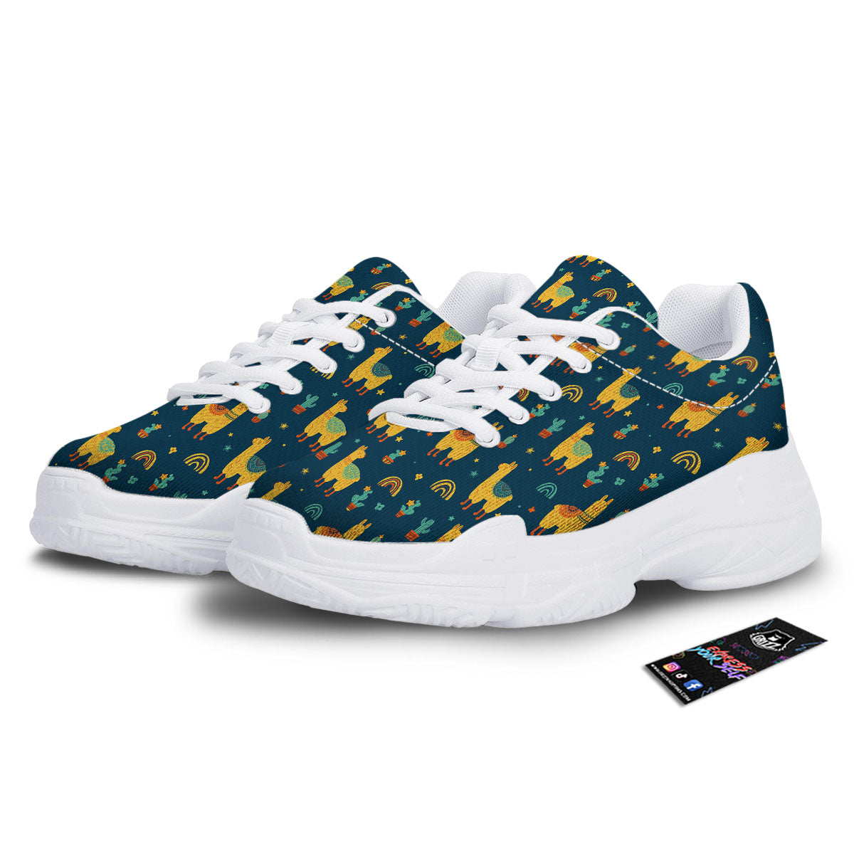 Llama Yellow Print Pattern White Chunky Shoes-grizzshop